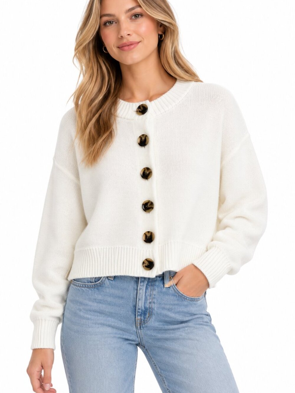 Quince 100% Organic Cotton Cropped Cardigan Ivory Small Tortoise Button Crewneck